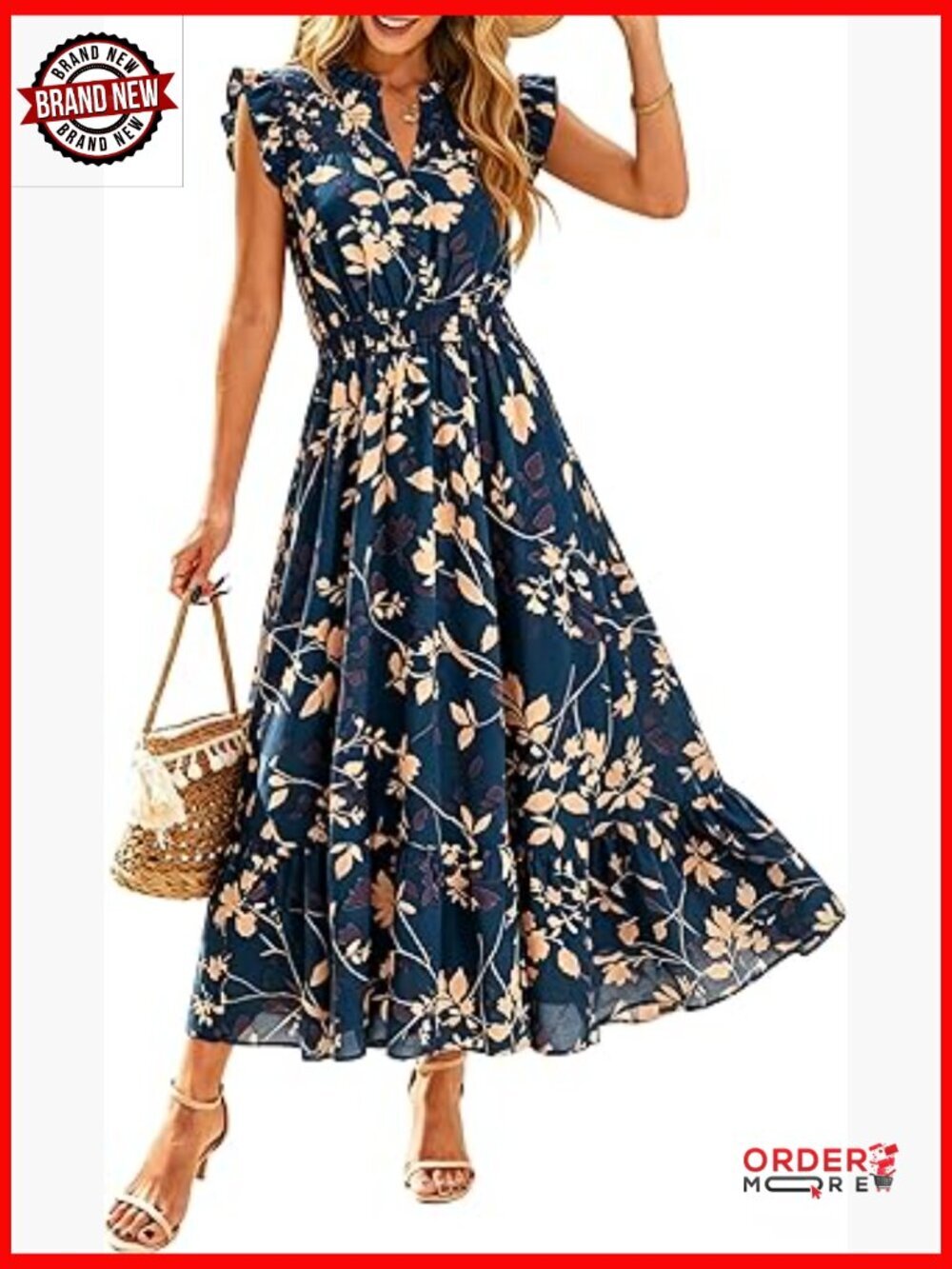 V Neck Ruffle Short Sleeve Flowy Boho Casual Beach Long Dress